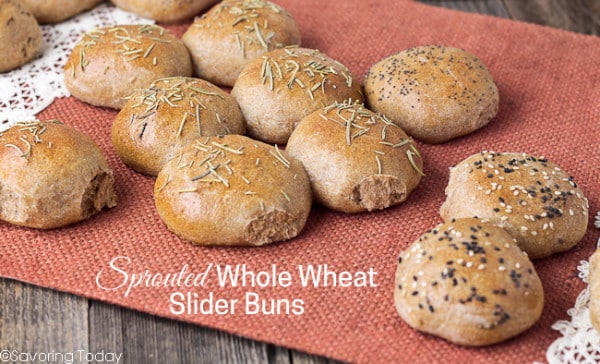 Sprouted wheat slider buns on a place mat.