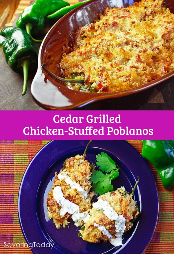 Cedar Grilled Chicken Stuffed Poblanos Recipe ~ get smoky flavor from the grill by cooking chicken on cedar planks! Smoky chicken stuffed into mild chiles with panko crumb topping brings the WOW to dinnertime. 