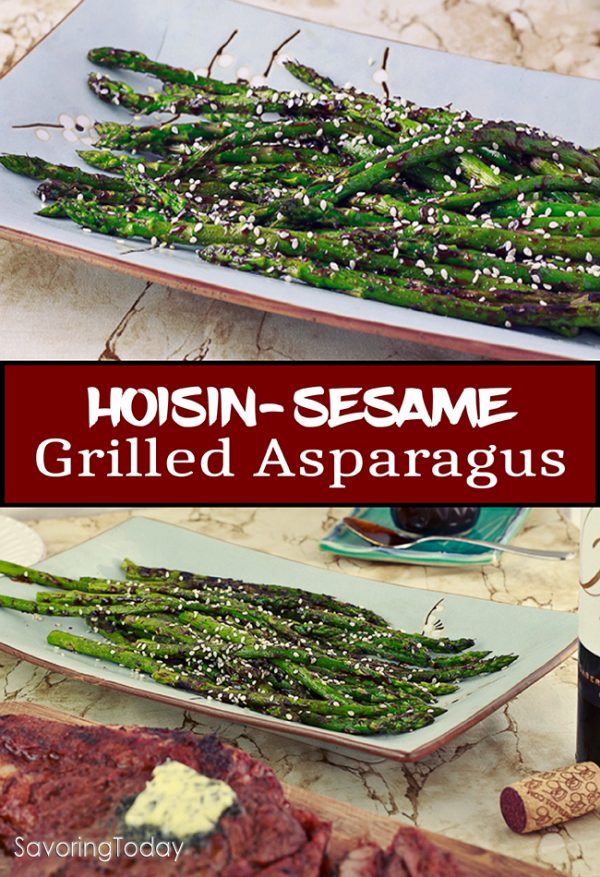 Grilled asparagus with hoisin-sesame sauce makes an easy grilled side dish.