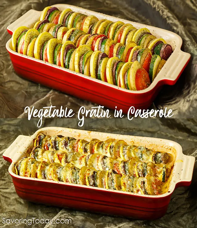 Alternating rows of vegetables in a casserole dish, both before and after baking. 