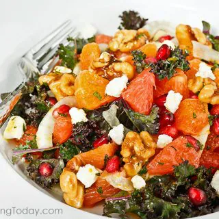 Not your ordinary fruit salad! Citrus Salad recipe gets a nutritional boost with kale, walnuts and pomegranate.