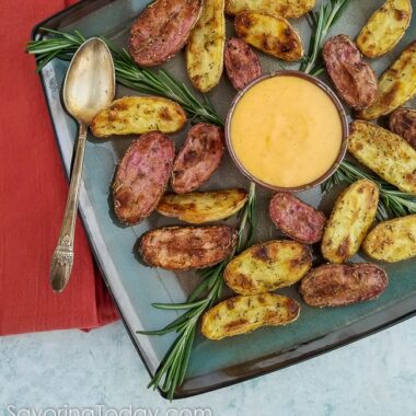 Serve Rosemary Roasted Fingerling Potatoes with this amazing Gochujang Aioli (Mayo) for a fun, unique appetizer recipe everyone will love.