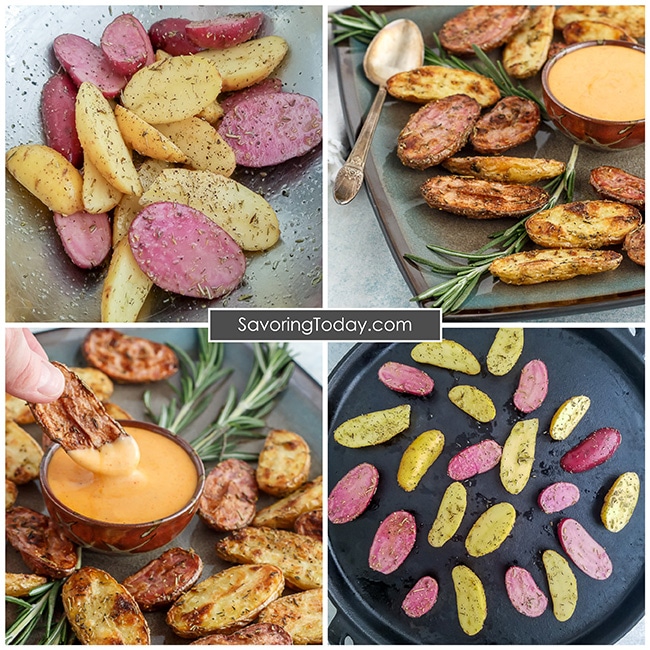 A collage of photos showing the steps of roasting fingerling potatoes and serving with gochujang aioli.