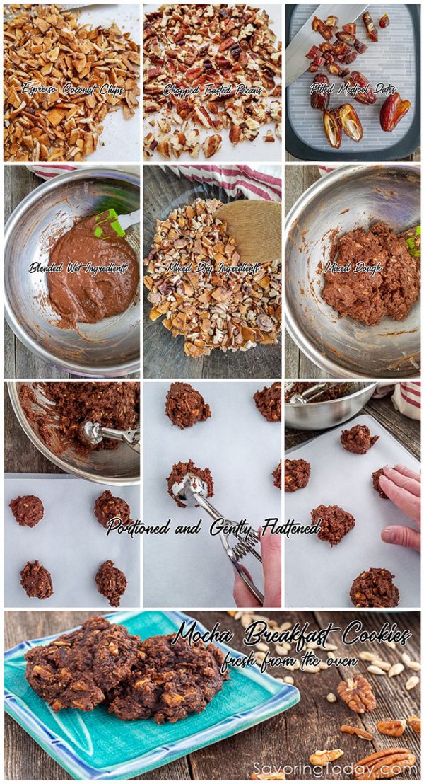 The process of chopping, mixing and baking Mocha Breakfast Cookies
