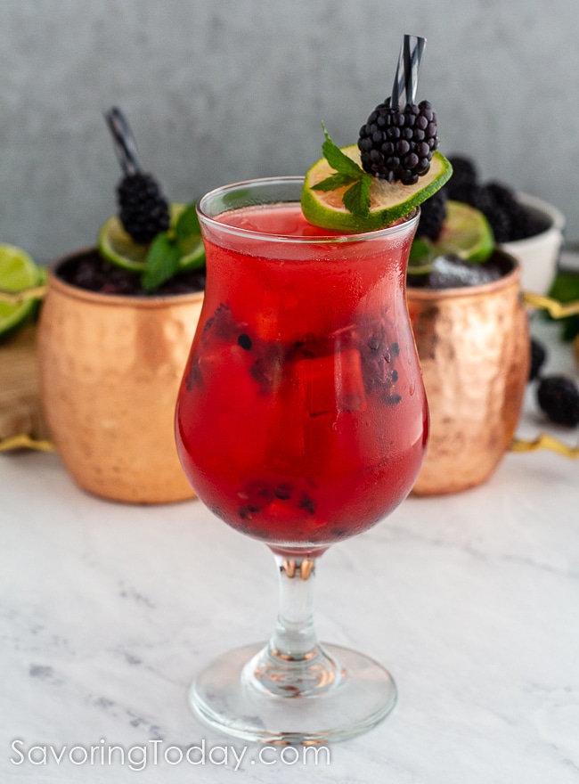 Red cocktail in a tear shaped glass with a garnish of blackberry and lime slice.