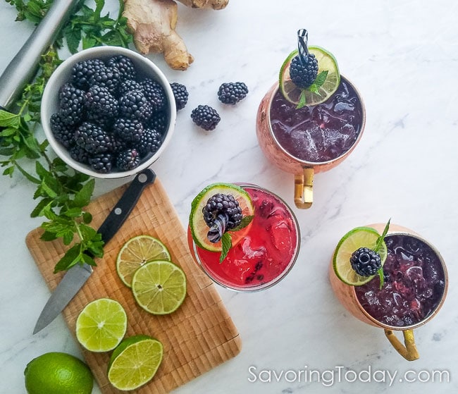 Overhead perspective of cocktails beside sliced lime and blackberry.