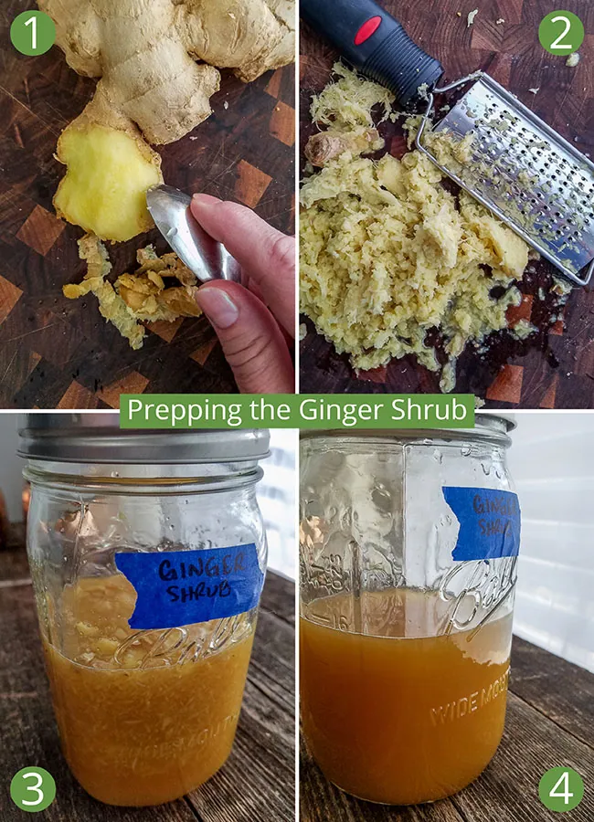 Steps for prepping a ginger cocktail shrub.