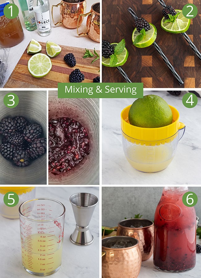 Steps for mixing a ginger-blackberry mule cocktail. 