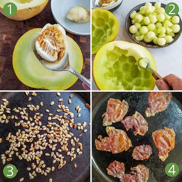 The four steps to preparing galia melon salad.
