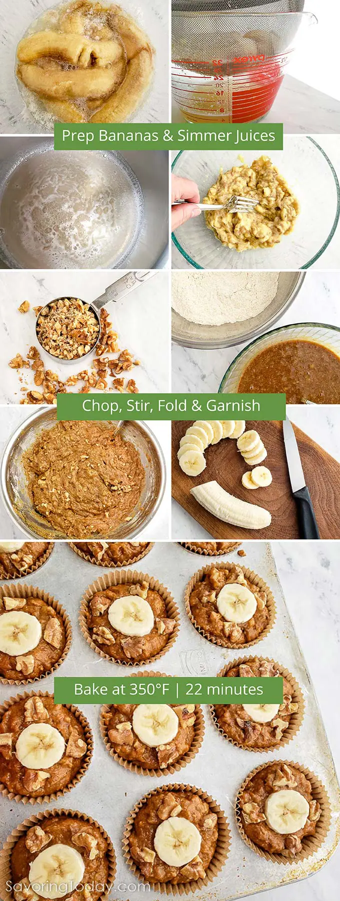 A collage of sprouted wheat banana muffin process showing prep, mixing, and baking instructions.