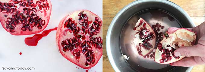 Sliced pomegranate and showing how to remove the seeds.
