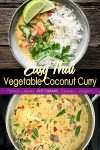 Vegetable coconut curry sauce in the pan and served with rice in a bowl.