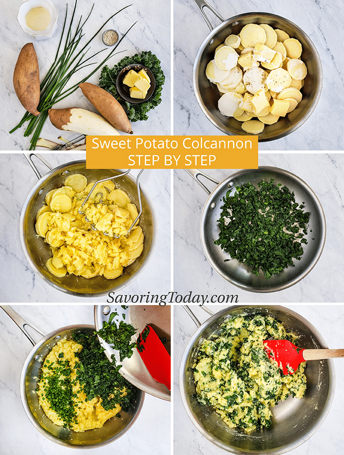 Five easy steps for making sweet potato, kale, and chive colcannon.