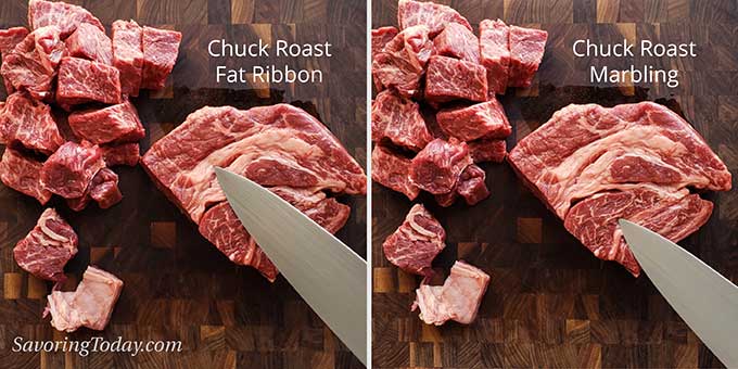 Two chuck roasts side by side showing the difference between fat ribbon and marbling.