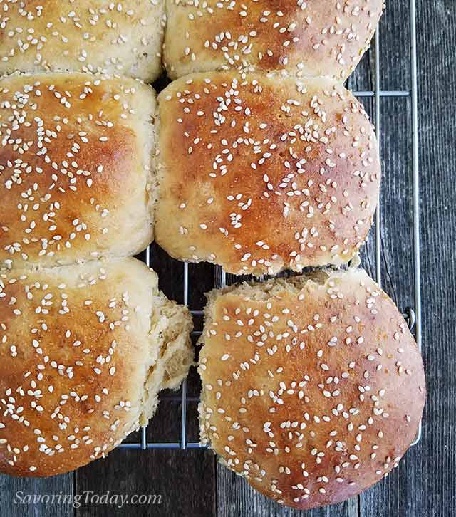 Whole Wheat Burger Buns on a cooling rack.