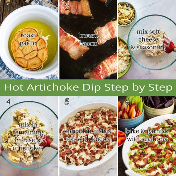 A collage of recipe steps to make Hot Artichoke Dip