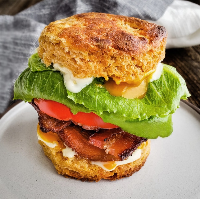 Bacon, lettuce, tomato, avocado sandwich on a whole wheat biscuit.