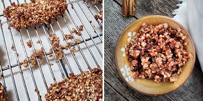 Chopped Pecan Crumbs from Bacon Candy stuck to rack and then scraped off into a bowl to save.
