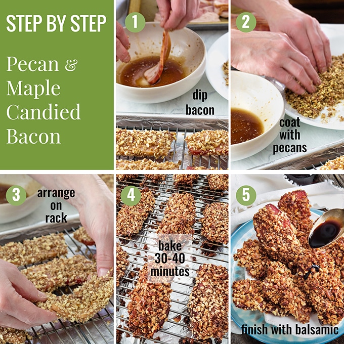 step by step photo collage of pecan maple candied bacon