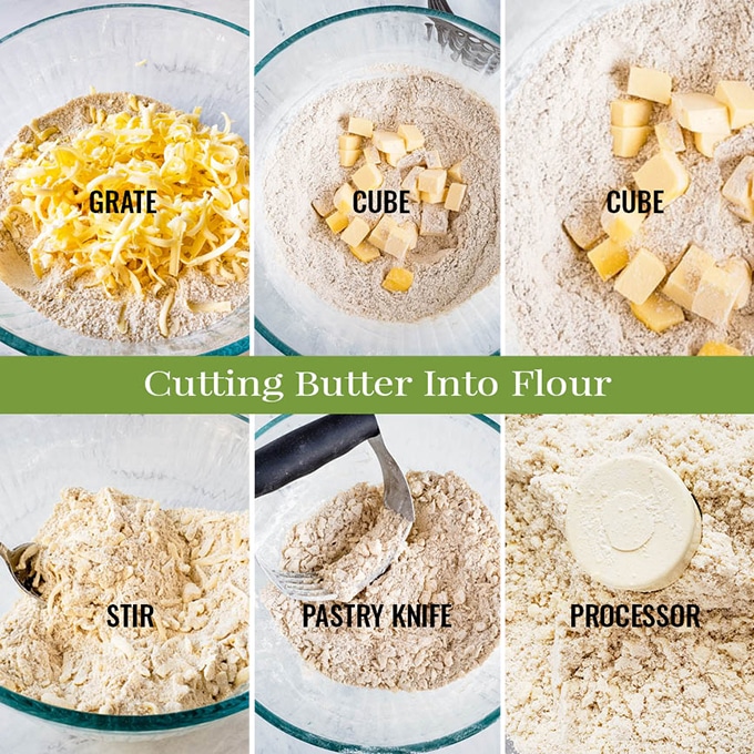 A collage of photos to show how to cut butter into flour using different tools.
