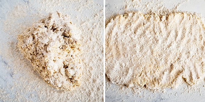 Biscuit dough on counter in left photo; pressed out on counter in right photo.