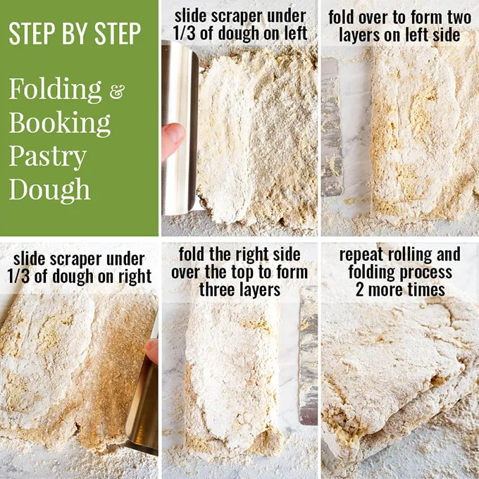 Step by step process of folding dough from each side to create layers when rolling out biscuit dough.