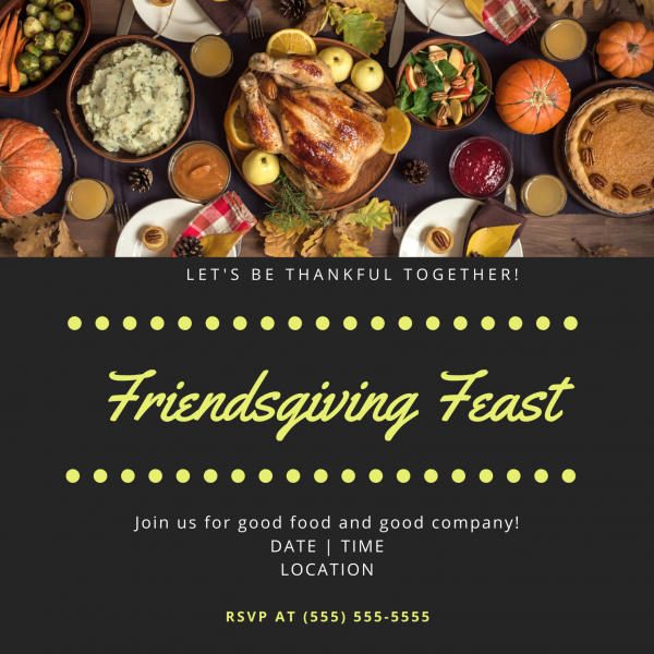 Friendsgiving invitation with a photo of food on a table.
