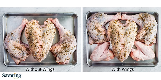 Side by side comparison of how turkey can fit on a rimmed baking sheet.