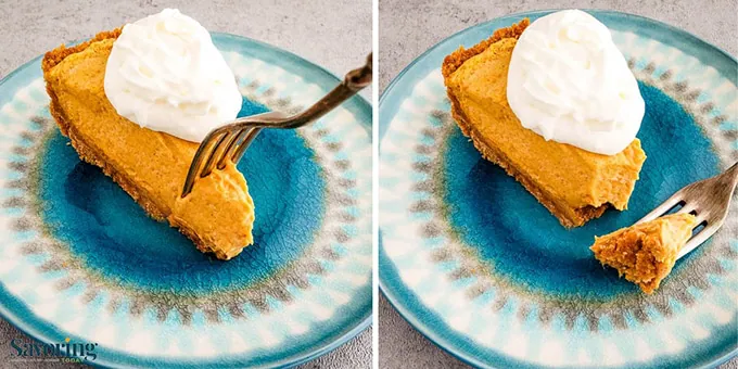 Photo collage of a fork in a slice of pumpkin dream pie sectioning off a bite.