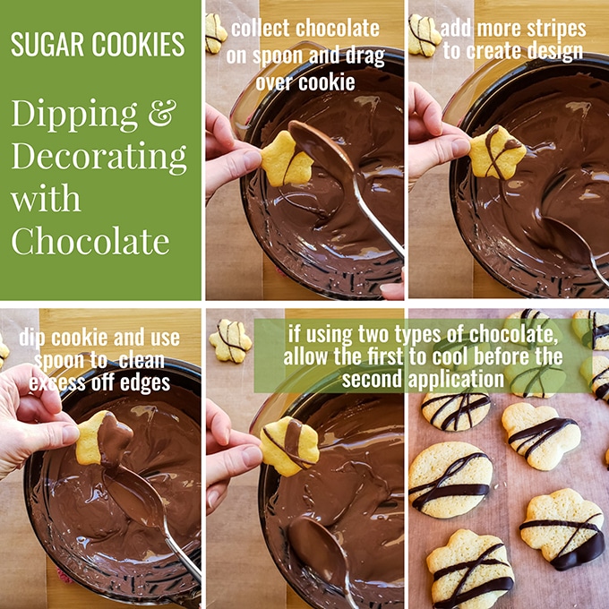 collage of images showing how to decorate sugar cookies with melted chocolate