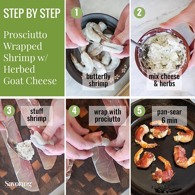 Step by step photo collage how to make prosciutto wrapped shrimp and goat cheese appetizer.