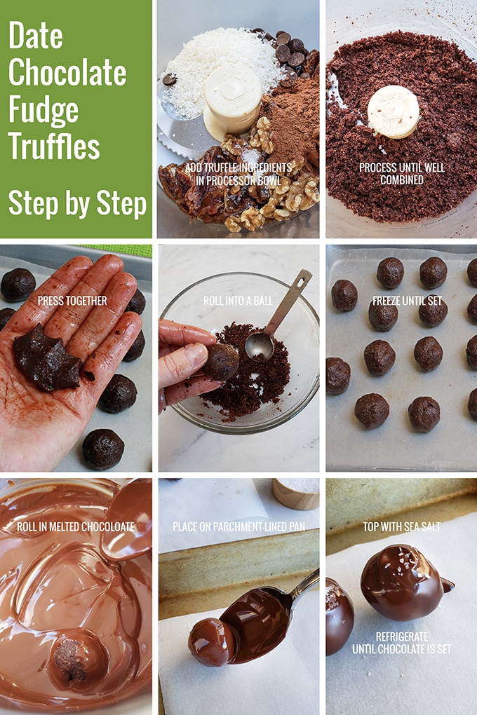 A photo collage showing the step by step process of making Date Fudge Truffles with Sea Salt