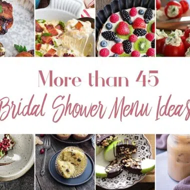 Collage of bridal shower food items.