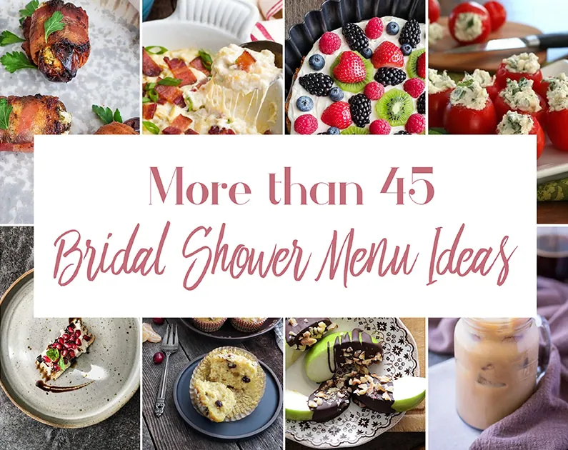 Collage of bridal shower food items.