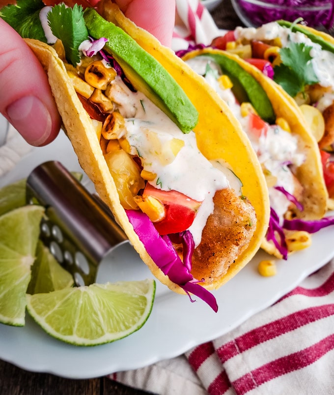 Close up of hand holding fish taco ready to eat.