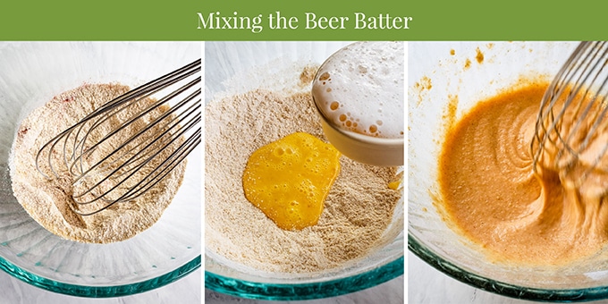Collage of photos showing how to mix beer batter for fish tacos.