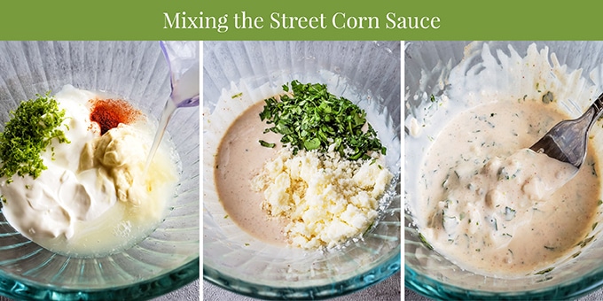 Collage photo of street corn sauce ingredients mixed in a bowl.