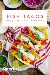 Three fish tacos with text on image for Pinterest
