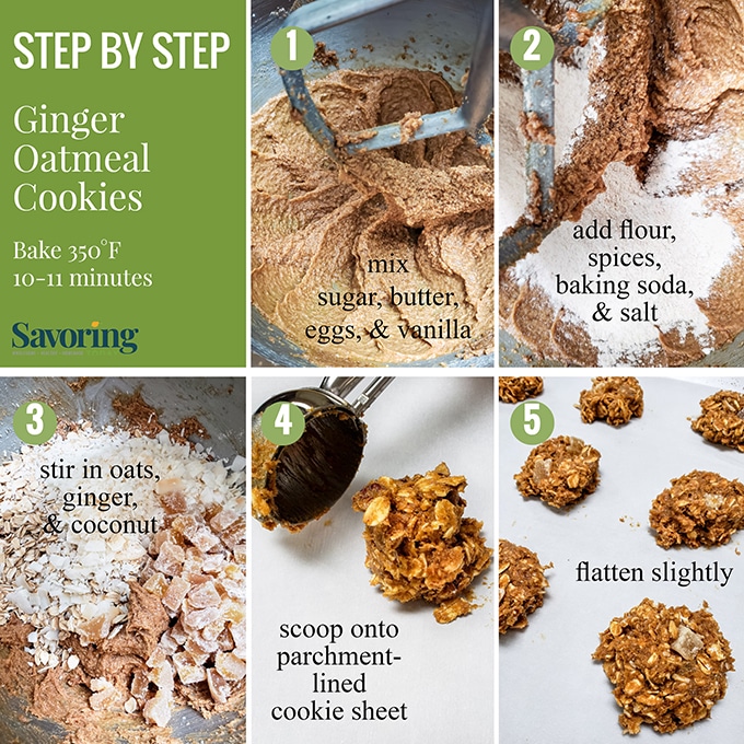 Step by step guide showing the mixing of ingredients for ginger oatmeal cookies in succession.