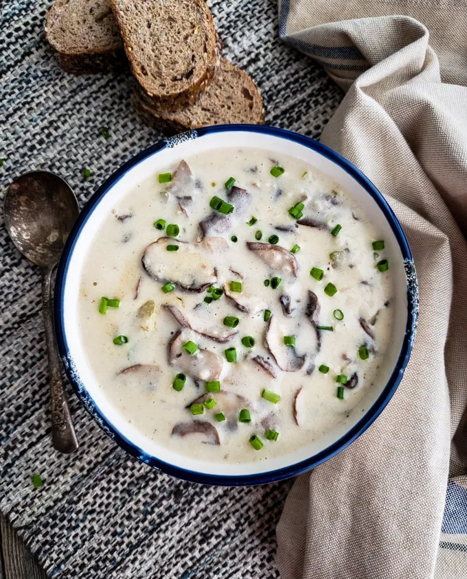 a bowl of hot creamy mushroom soup garnished with fresh chives