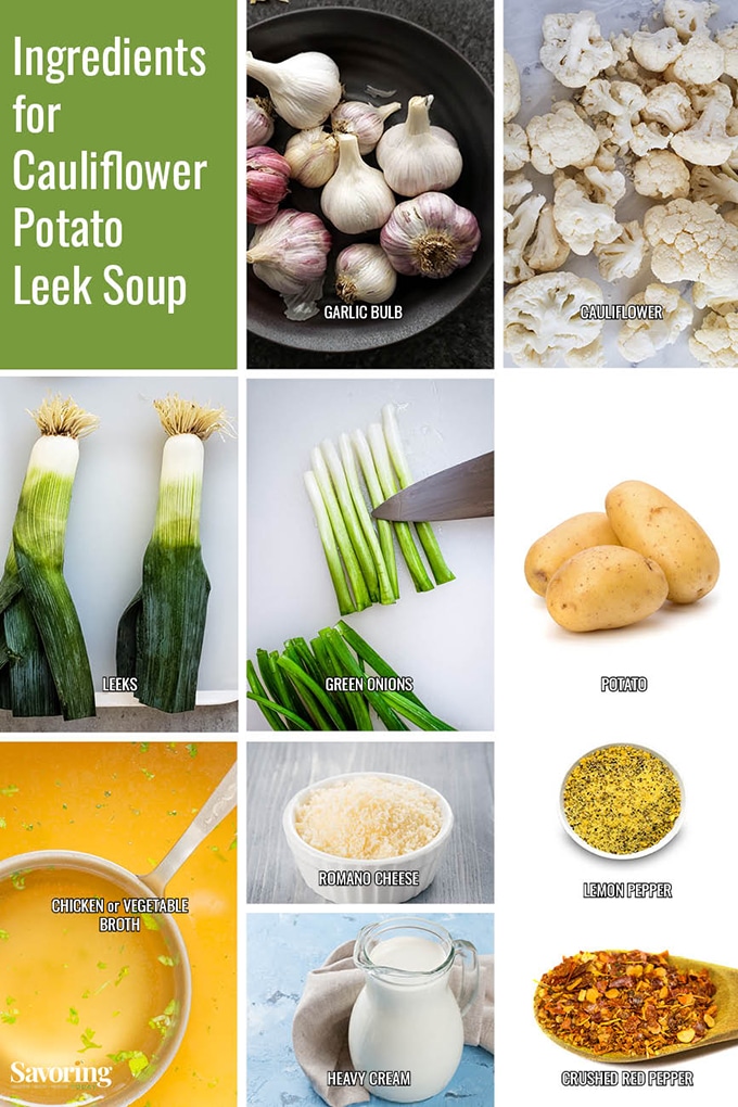 Listed ingredients for potato leek soup: garlic, caulifloer, leek, onion, potato, vegetable stock, cream, red pepper flakes.