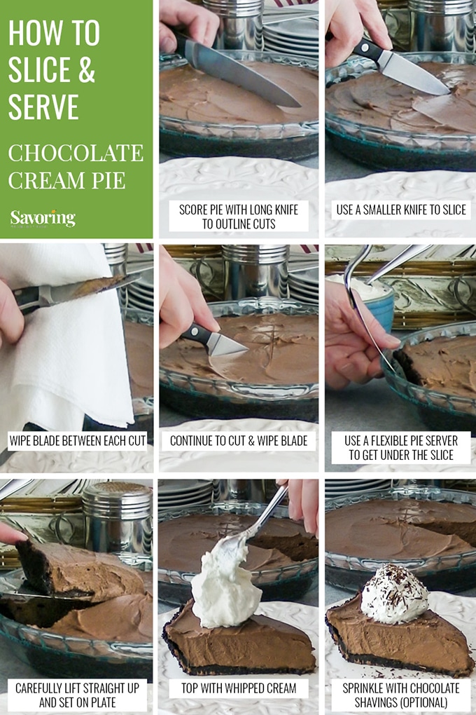 A collage showing steps to cutting a chocolate pie