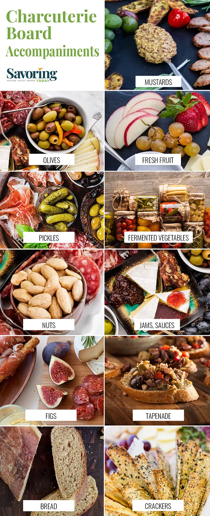 photo collage of charcuterie accompaniments like crackers, olives, fruit, figs, pickles, and mustards