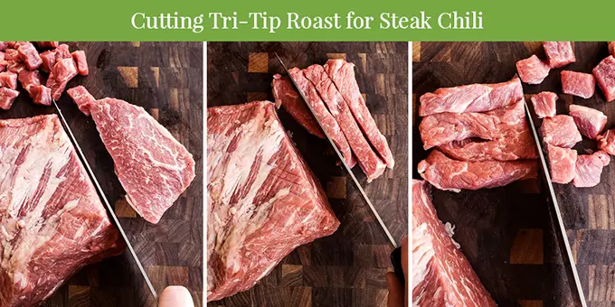steps to show how to cut up tri-tip roast for chili