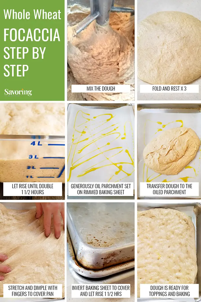 Step by step collage of how to prep sprouted wheat bread dough.