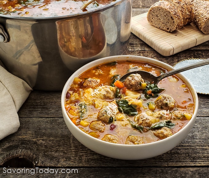 Italian Minestrone Soup with Savory Blue Cheese Meatballs