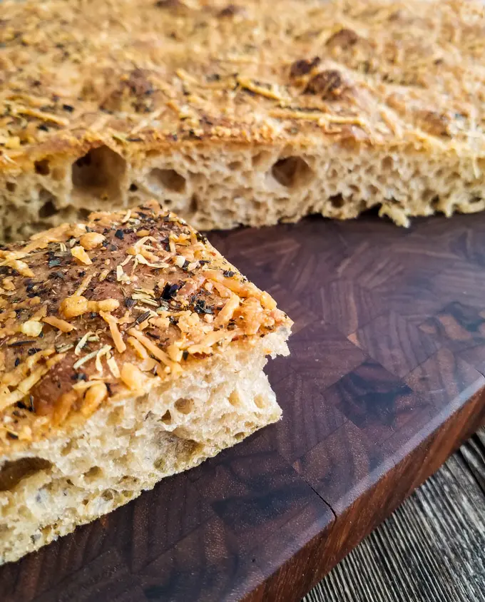Close up of the crumb of the fresh baked focaccia.