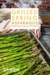 pinterest image of asparagus on a rimmed baking sheet