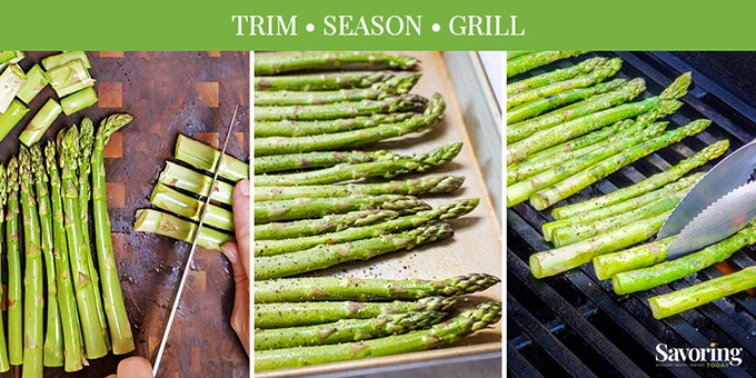 collage of three steps for grilling asparagus
