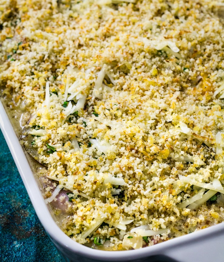 casserole with a close up crumb topping